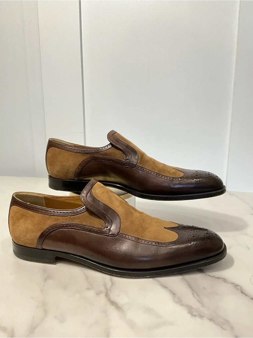 GUCCI Brown Tan Suede Leather Brogue Slip On Loafers Dress Shoes Men’s 10.5